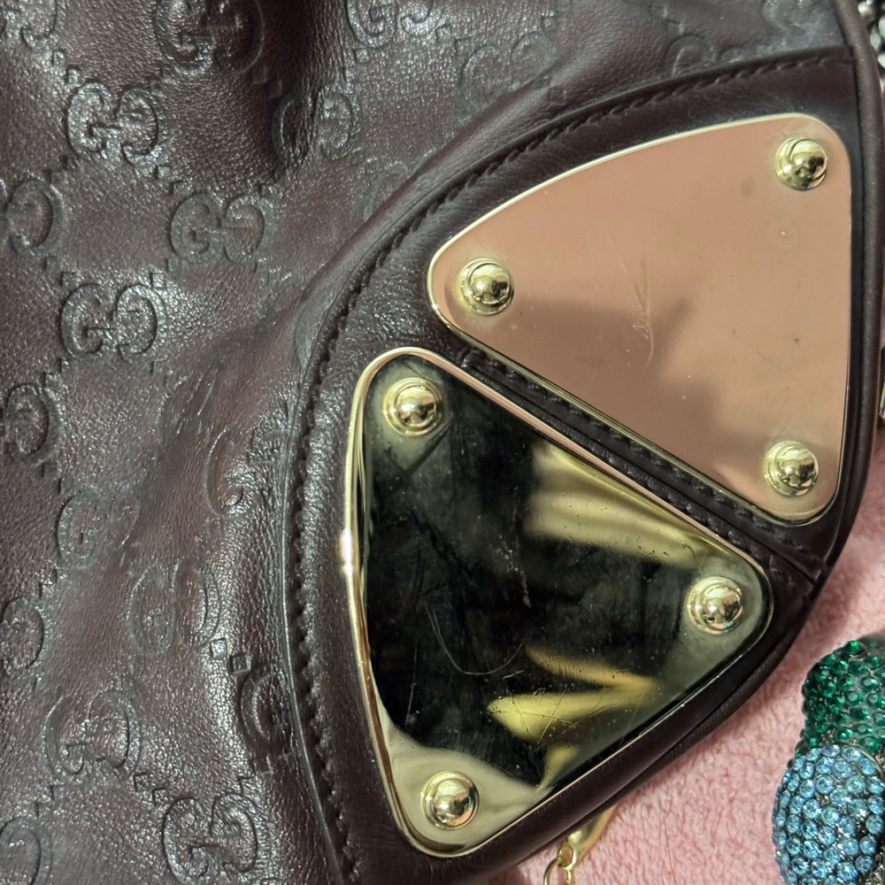 Gucci Dark Brown Embossed Leather Tassel Satchel with Gold Hardware - Picture 6 of 6